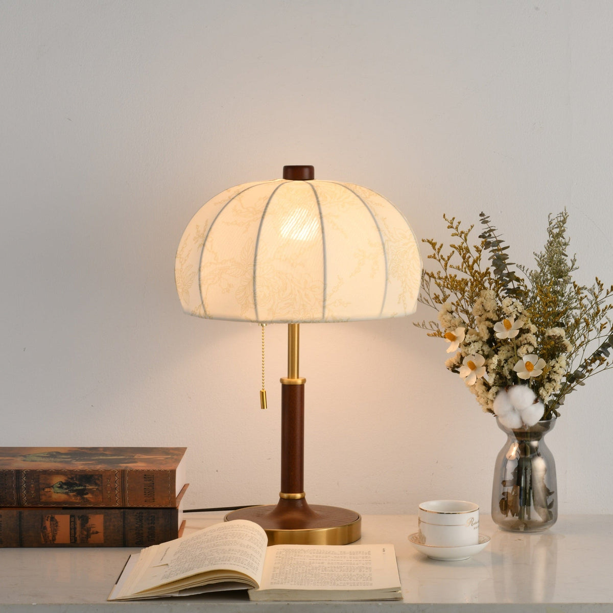 Lunora Fabric Table Lamp with Walnut Wood and Brass Accents