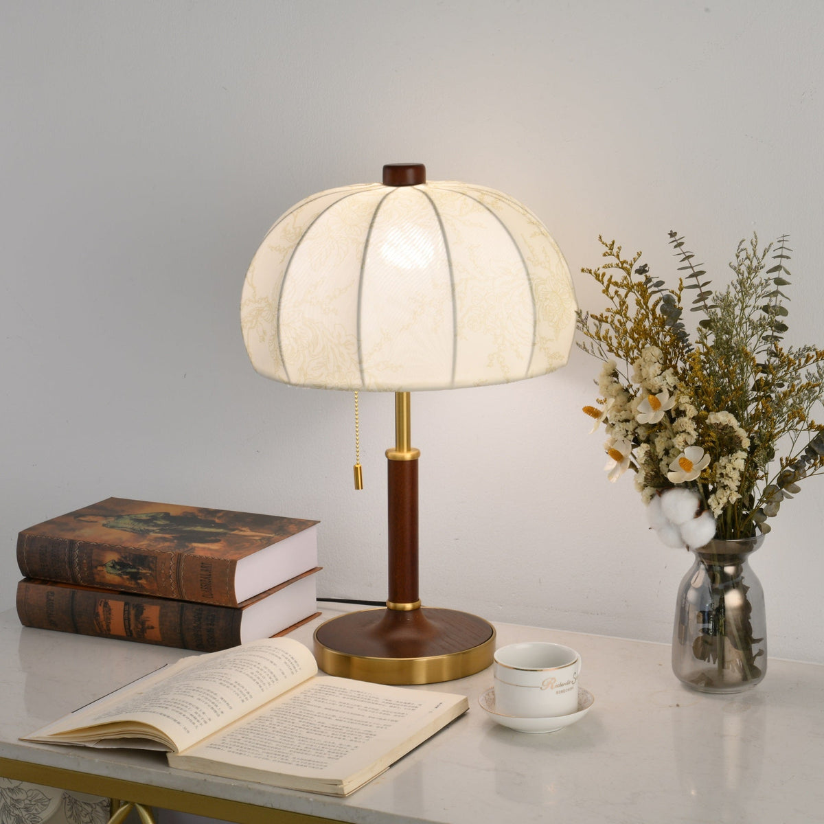 Lunora Fabric Table Lamp with Walnut Wood and Brass Accents