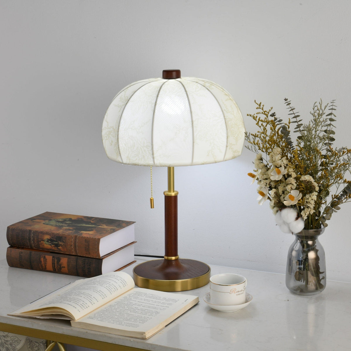 Lunora Fabric Table Lamp with Walnut Wood and Brass Accents