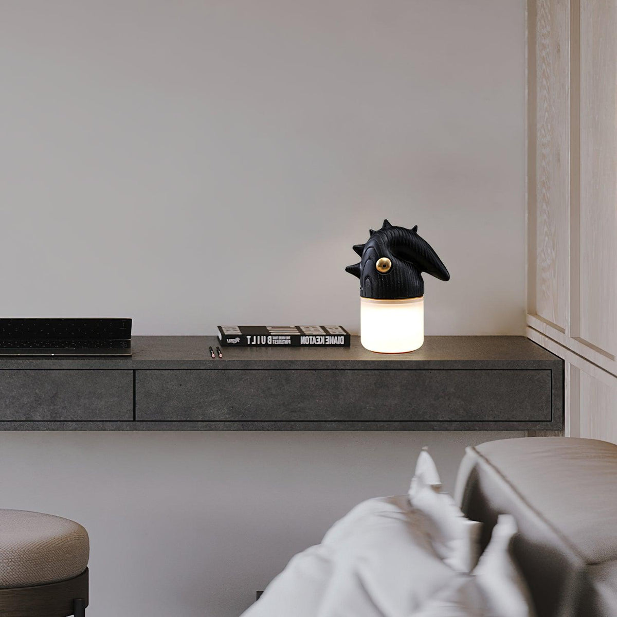 Luolongzi Cordless Table Lamp with Horsehair Shade, Wood & Acrylic