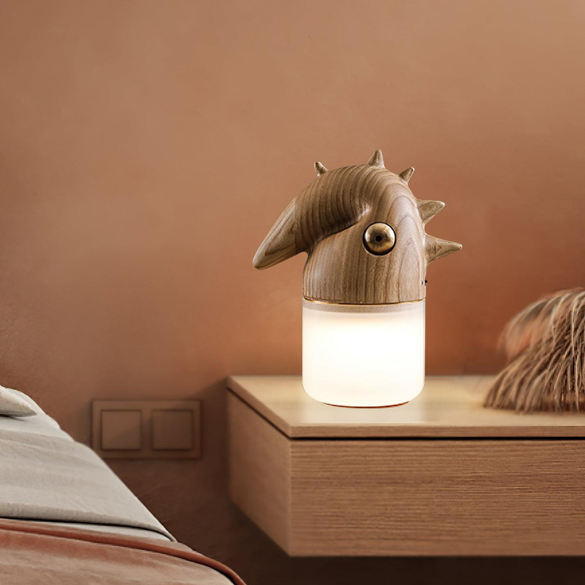 Luolongzi Cordless Table Lamp with Horsehair Shade, Wood & Acrylic