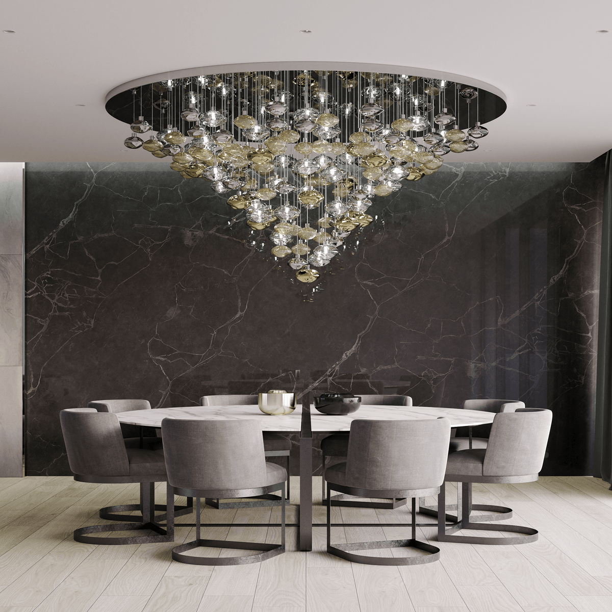 Lure Linear LED Chandelier in Gold and Clear Glass for Modern Interiors