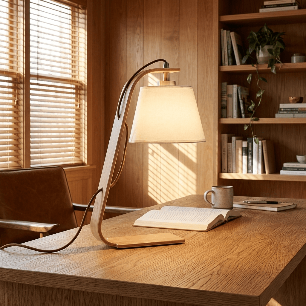 Lurien Sculptural Wood Table Lamp with Fabric Shade for Modern Interiors