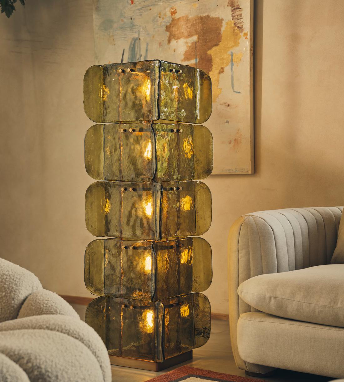 Lush Glass Tower Floor Lamp — 4.6 ft Stacked Textured Glass in Green or White