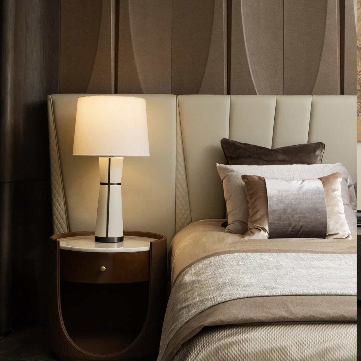 Luxe Leather Table Lamp with Fabric Shade for Modern Interiors