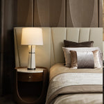 Luxe Leather Table Lamp with Fabric Shade for Modern Interiors