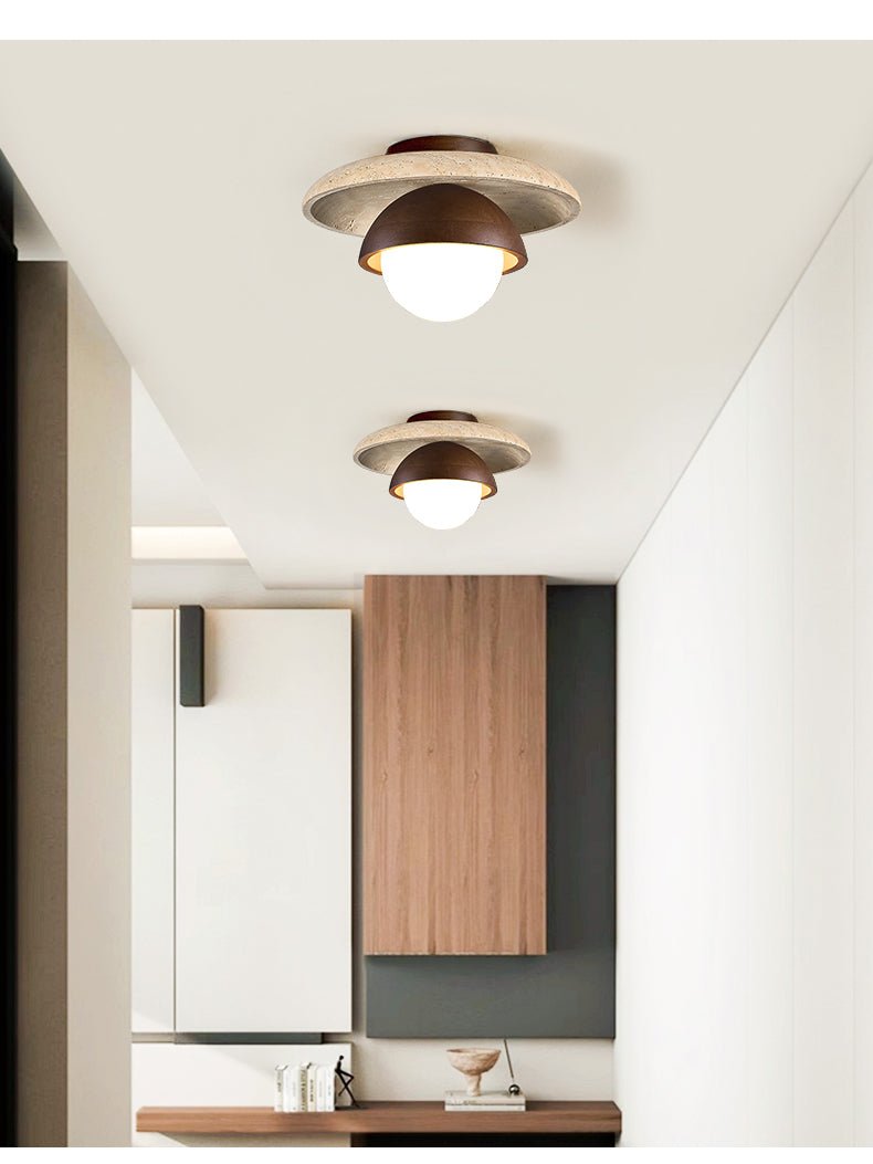 Maelis Travertine Ceiling Light – Modern Flush Mount with Wood Accents