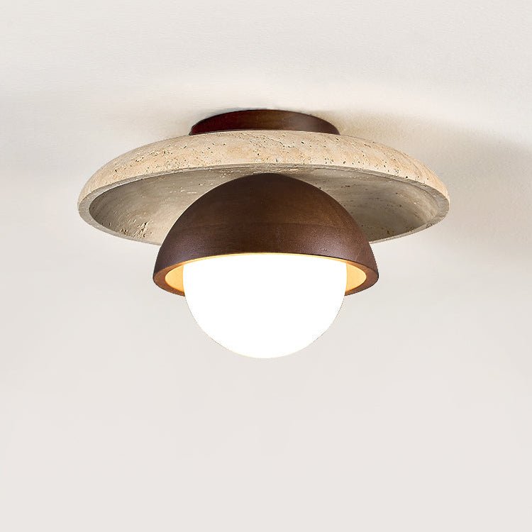 Maelis Travertine Ceiling Light – Modern Flush Mount with Wood Accents