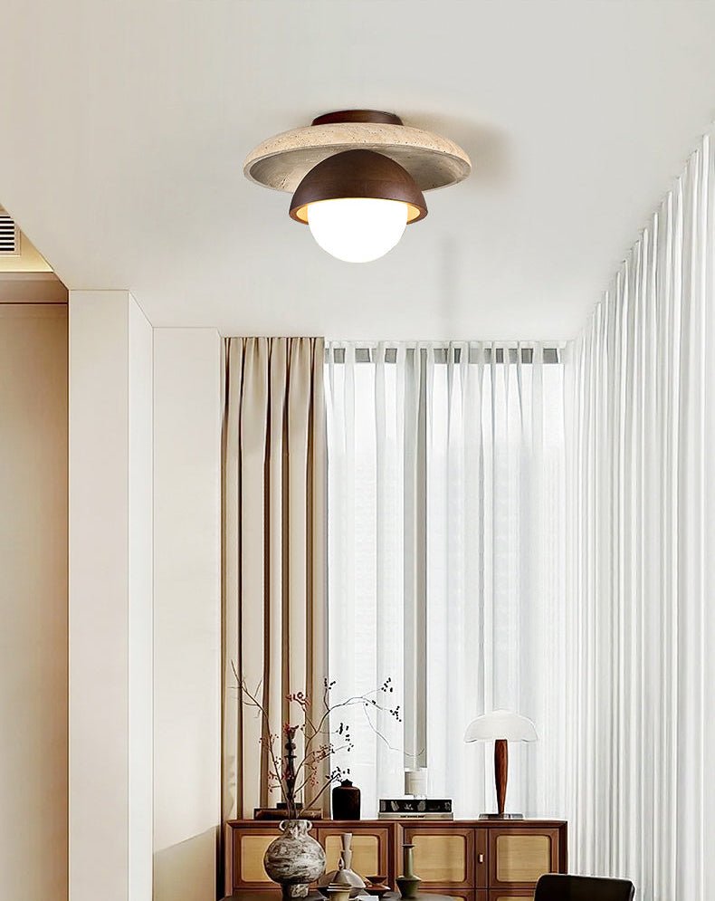 Maelis Travertine Ceiling Light – Modern Flush Mount with Wood Accents