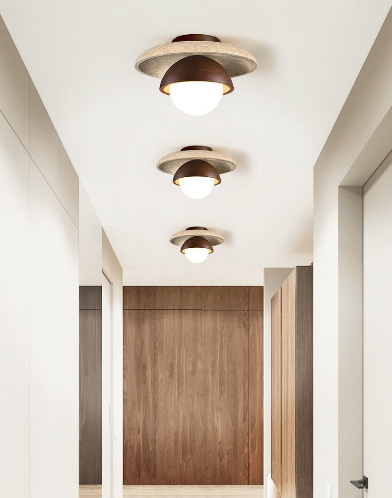 Maelis Travertine Ceiling Light – Modern Flush Mount with Wood Accents