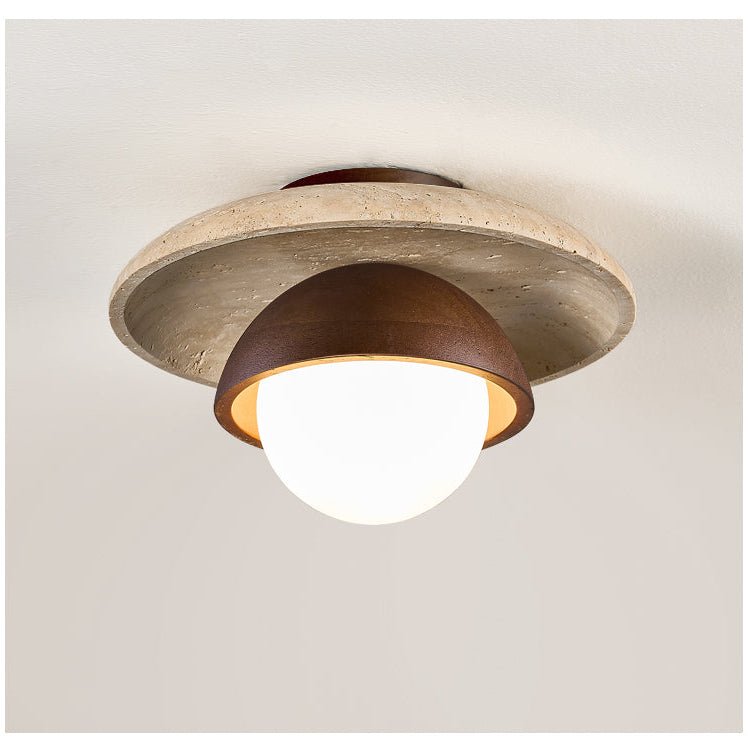 Maelis Travertine Ceiling Light – Modern Flush Mount with Wood Accents