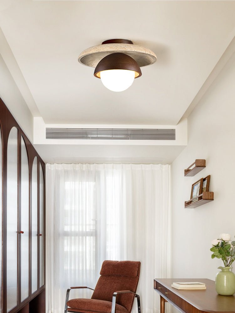 Maelis Travertine Ceiling Light – Modern Flush Mount with Wood Accents