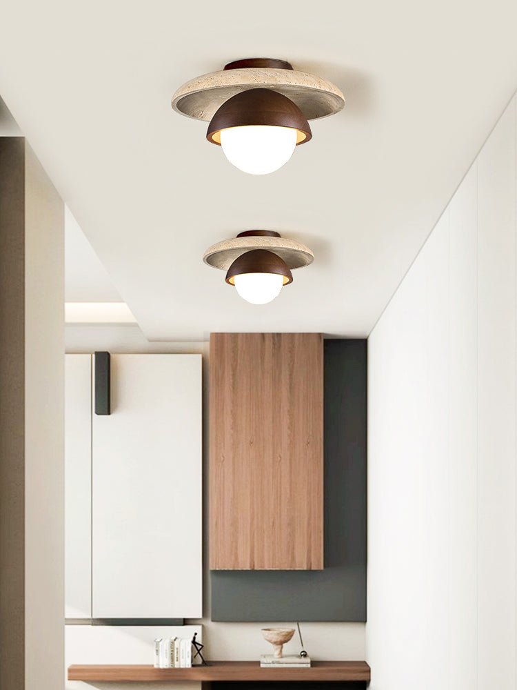 Maelis Travertine Ceiling Light – Modern Flush Mount with Wood Accents
