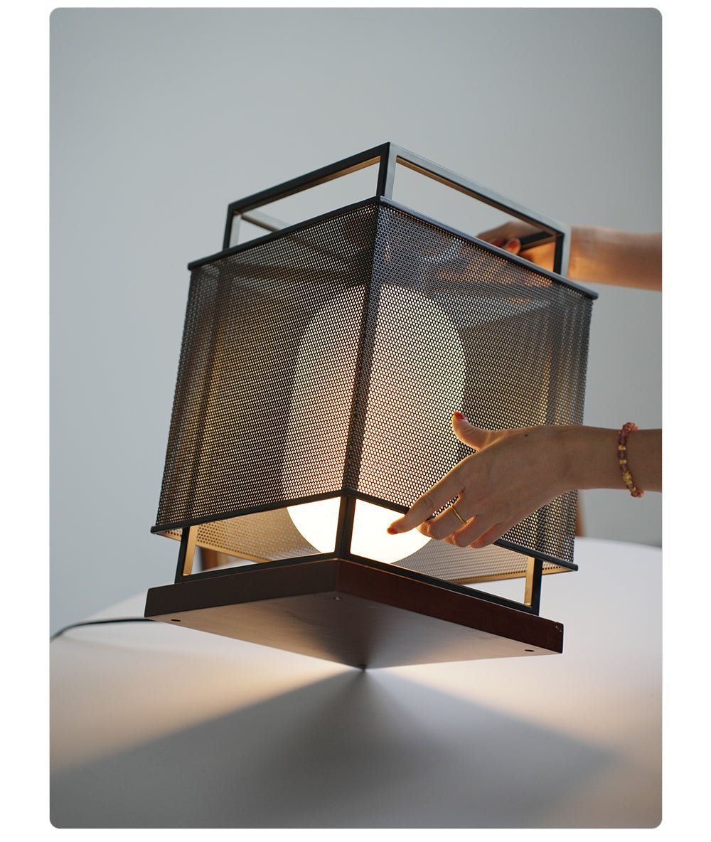 Maelis Sculptural Table Lamp with Perforated Metal Shade and Wooden Base