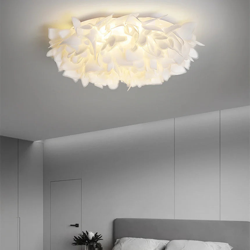 Simple Nordic Style Cozy Bedroom With Petal Shaped Ceiling Lamp
