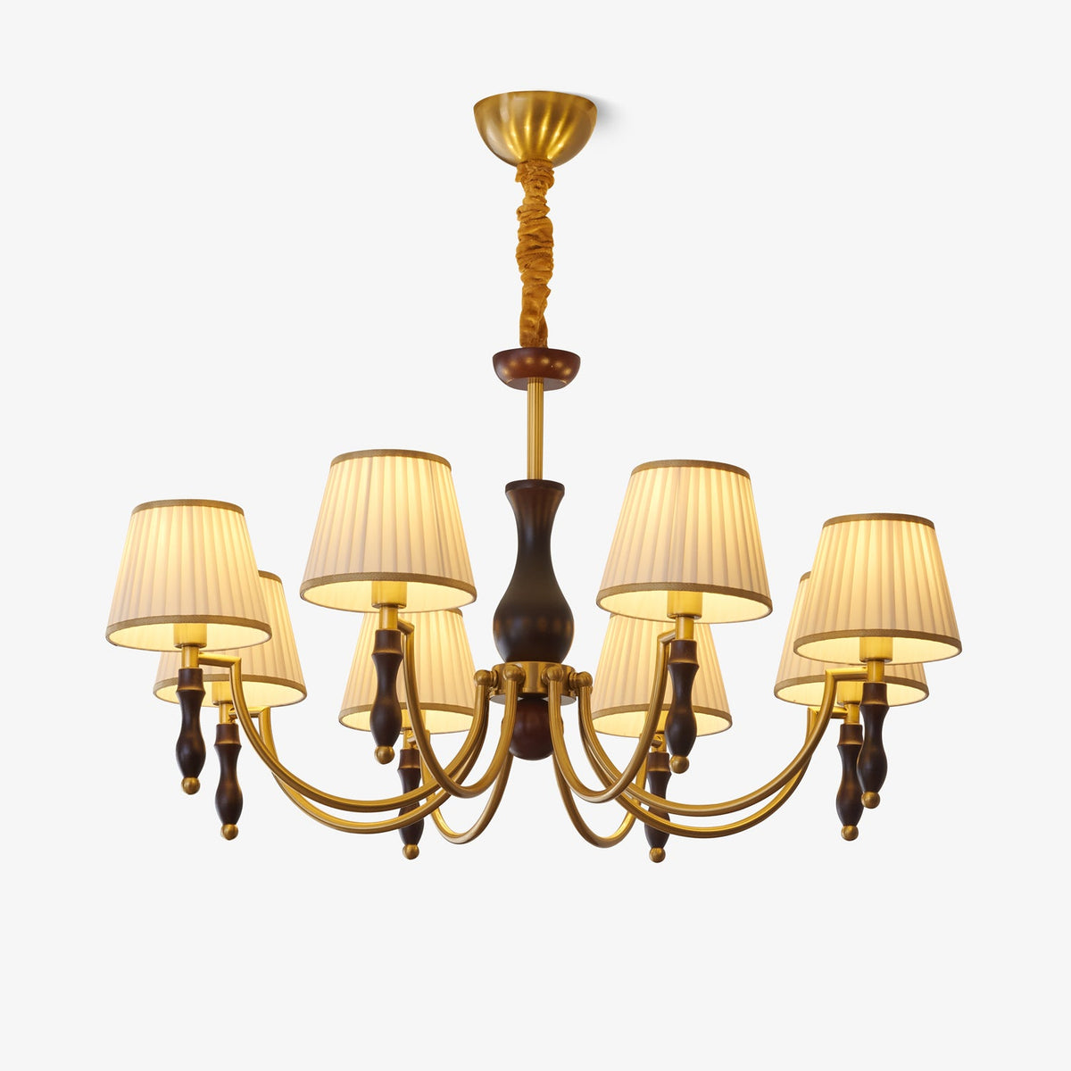 Majestic Veil Chandelier — Pleated Fabric Shades, Walnut & Brass, 3/5/8-Light
