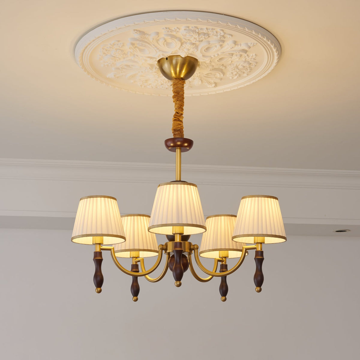 Majestic Veil Chandelier — Pleated Fabric Shades, Walnut & Brass, 3/5/8-Light