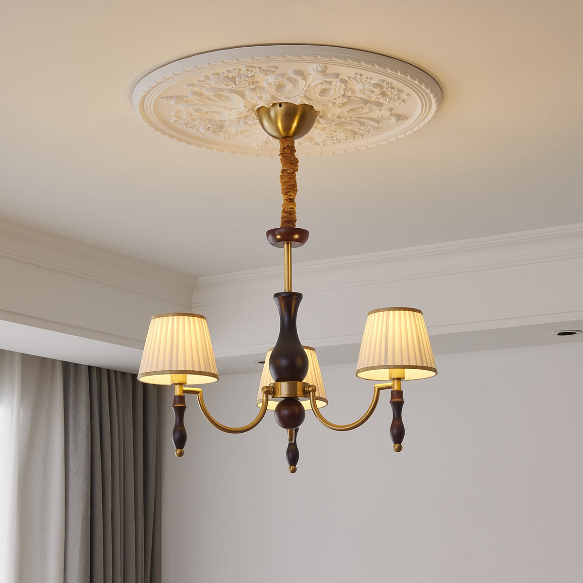 Majestic Veil Chandelier — Pleated Fabric Shades, Walnut & Brass, 3/5/8-Light