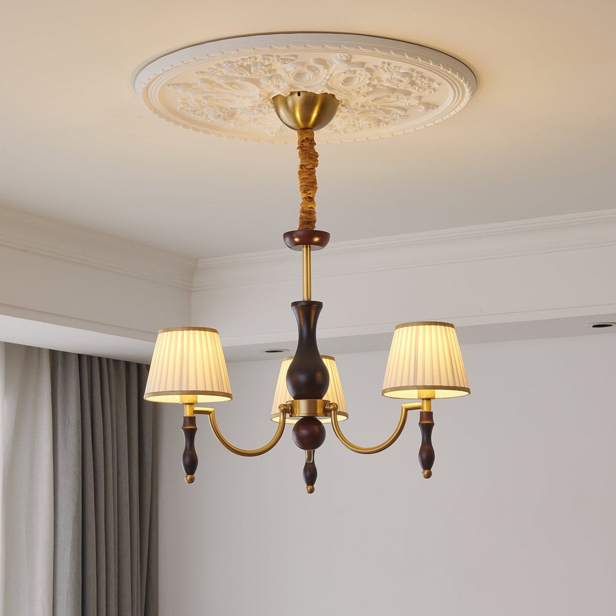 Majestic Veil Chandelier — Pleated Fabric Shades, Walnut & Brass, 3/5/8-Light
