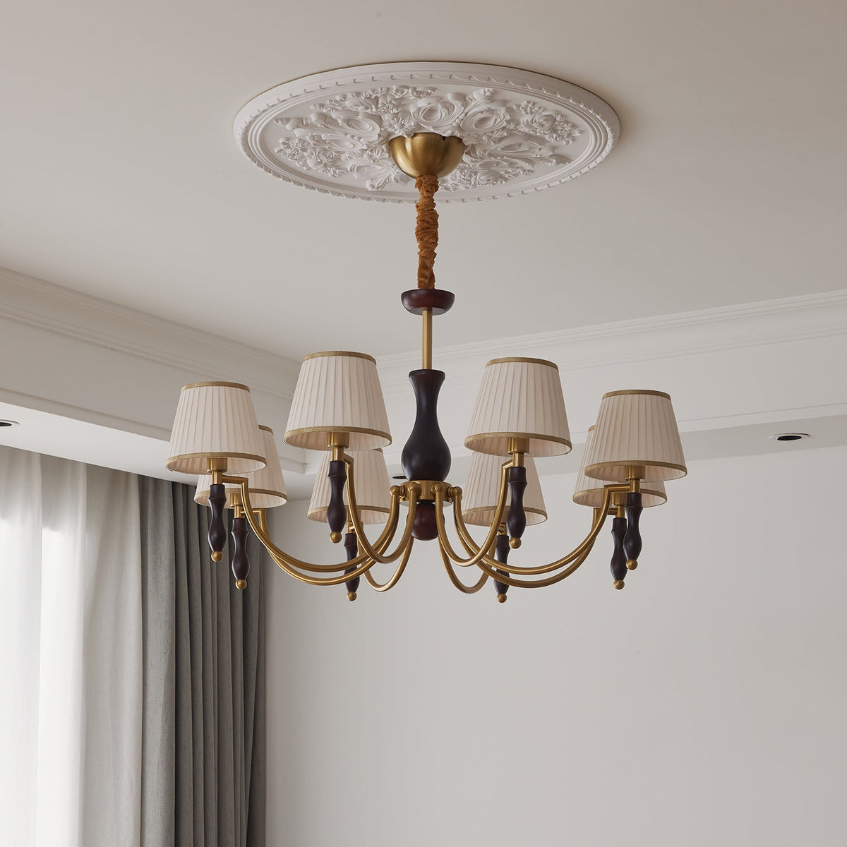 Majestic Veil Chandelier — Pleated Fabric Shades, Walnut & Brass, 3/5/8-Light