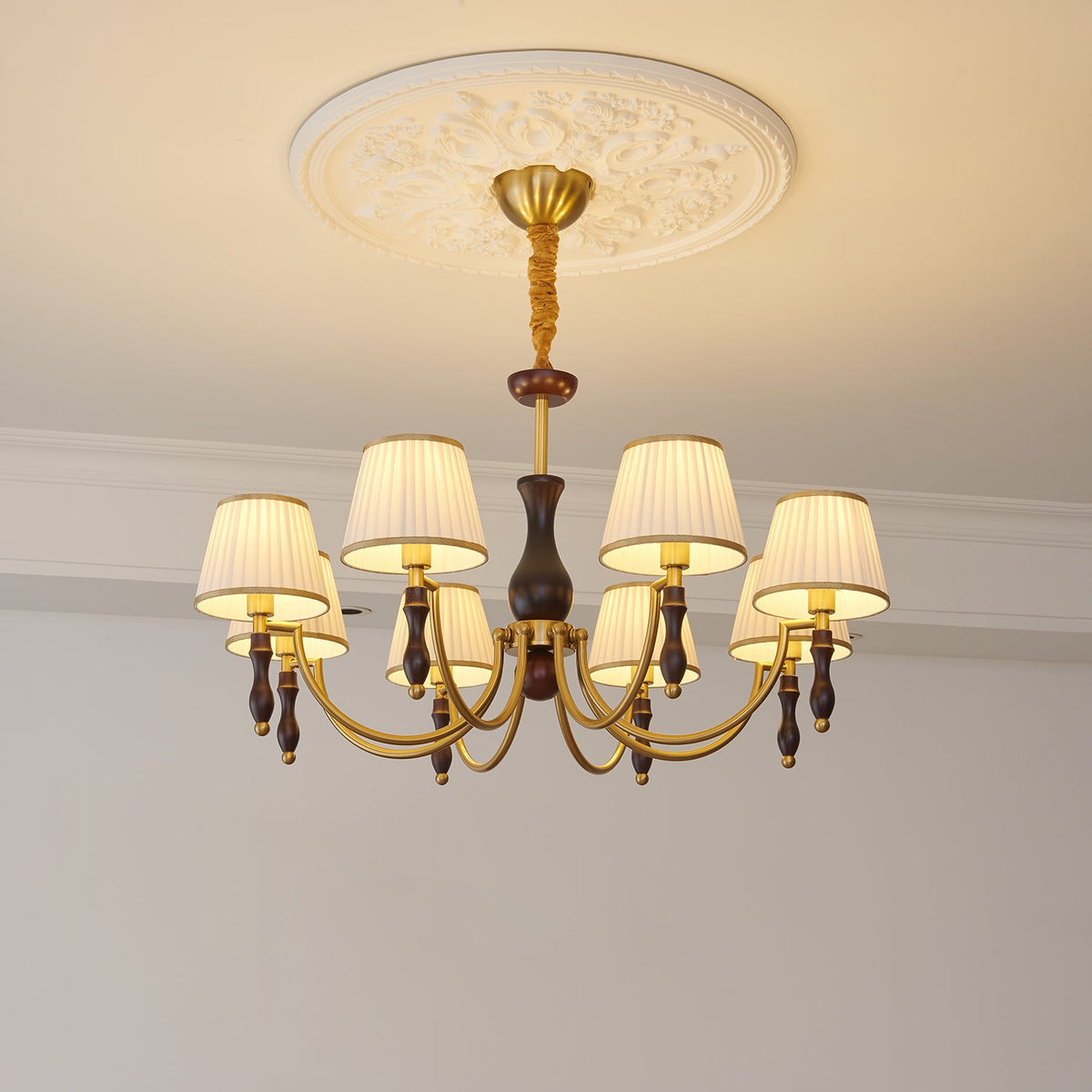 Majestic Veil Chandelier — Pleated Fabric Shades, Walnut & Brass, 3/5/8-Light