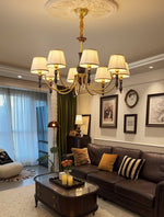 Majestic Veil Chandelier — Pleated Fabric Shades, Walnut & Brass, 3/5/8-Light
