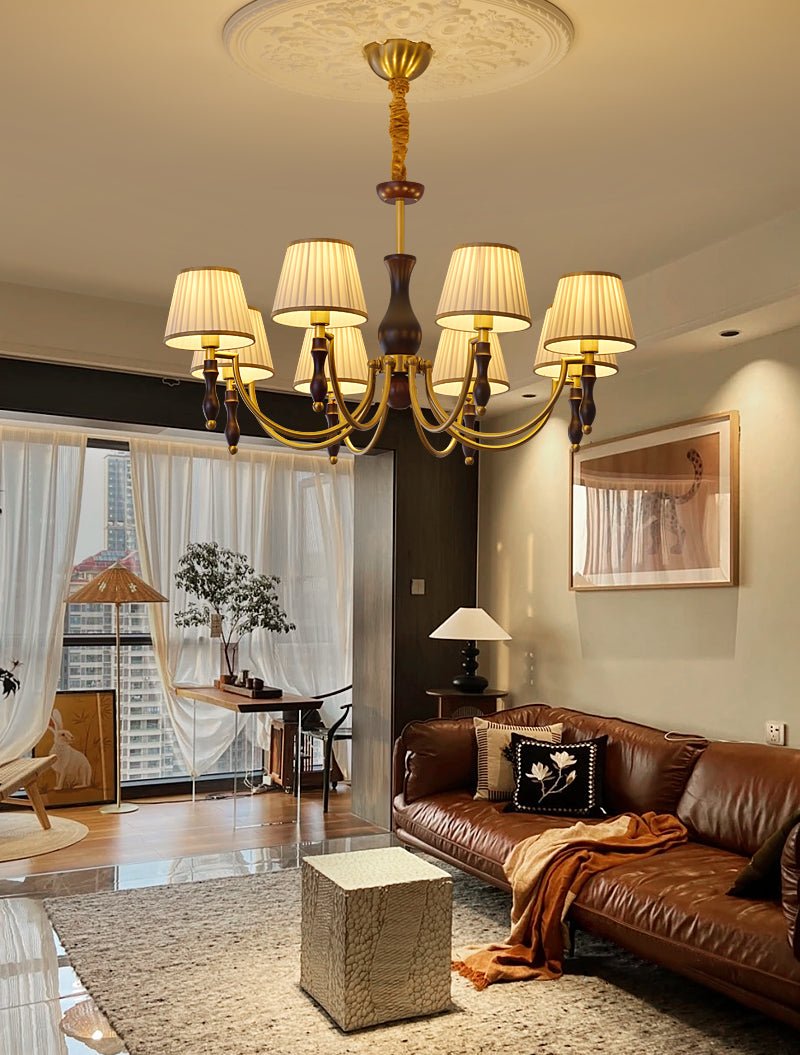 Majestic Veil Chandelier — Pleated Fabric Shades, Walnut & Brass, 3/5/8-Light