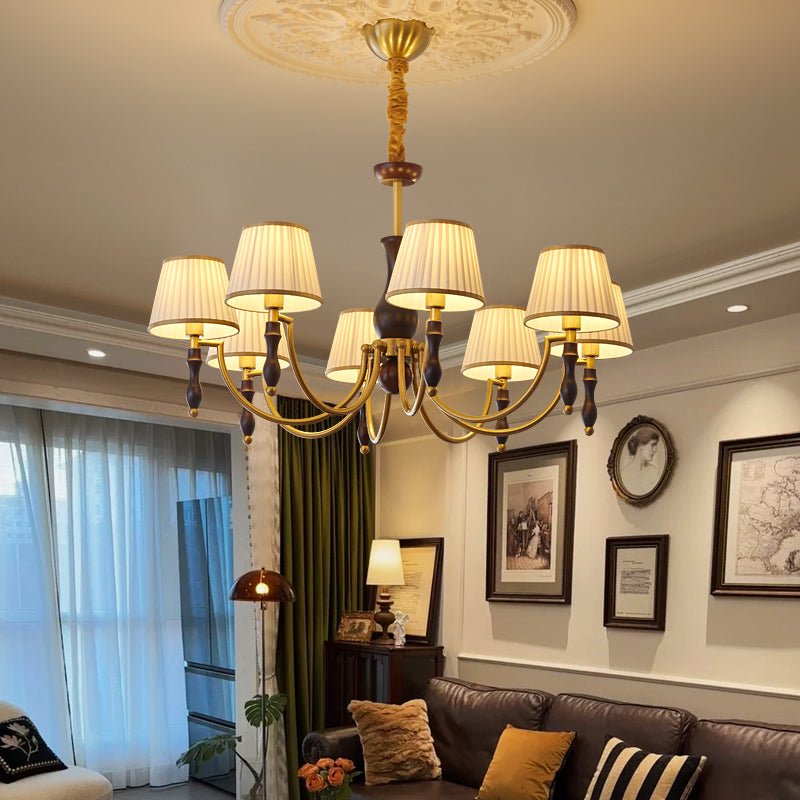 Majestic Veil Chandelier — Pleated Fabric Shades, Walnut & Brass, 3/5/8-Light