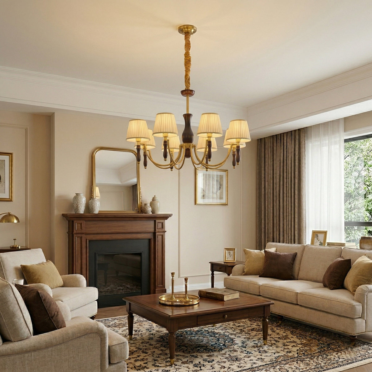 Majestic Veil Chandelier — Pleated Fabric Shades, Walnut & Brass, 3/5/8-Light