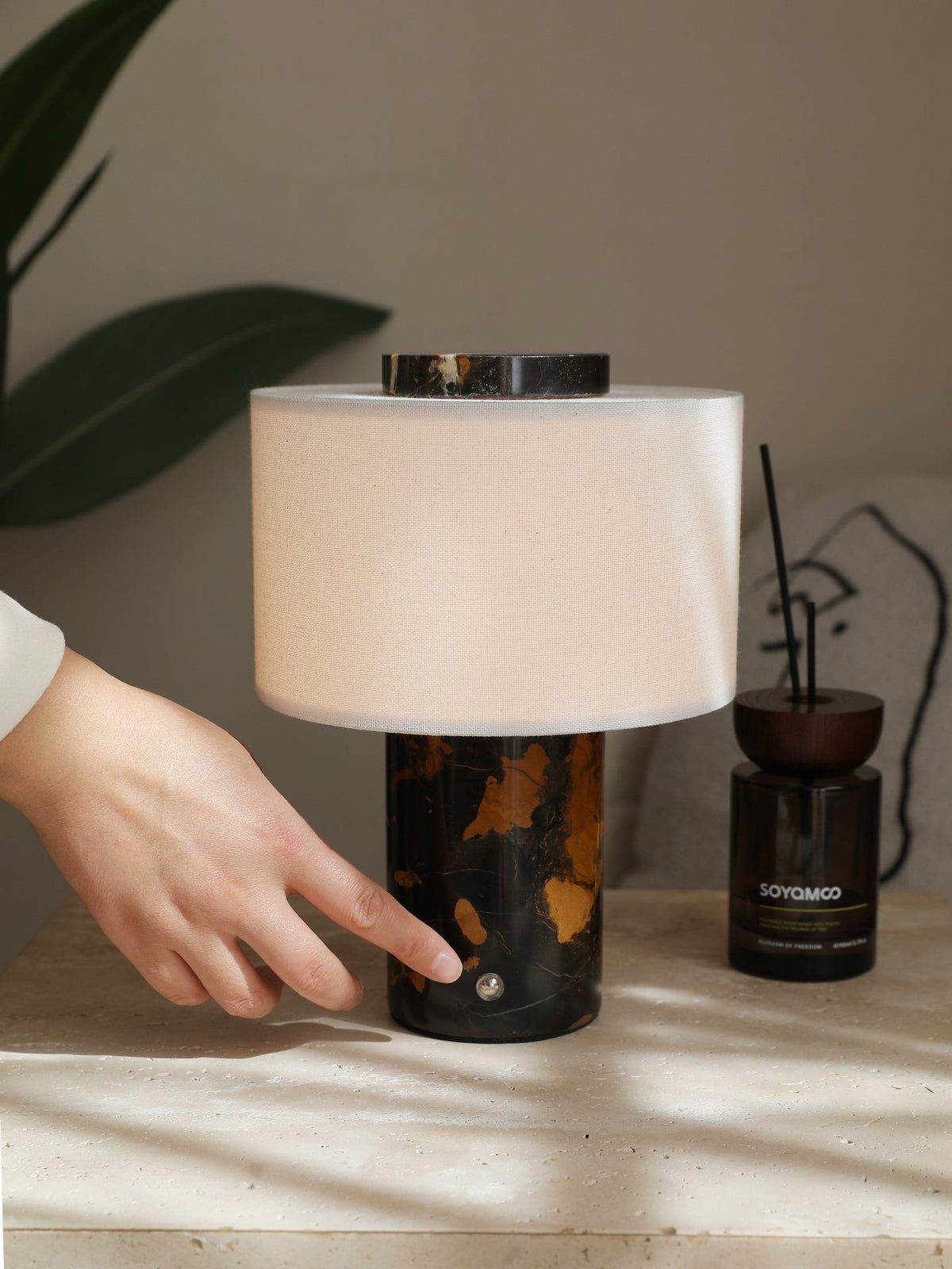 Marbella Stone Table Lamp with Linen Shade for Modern Interiors