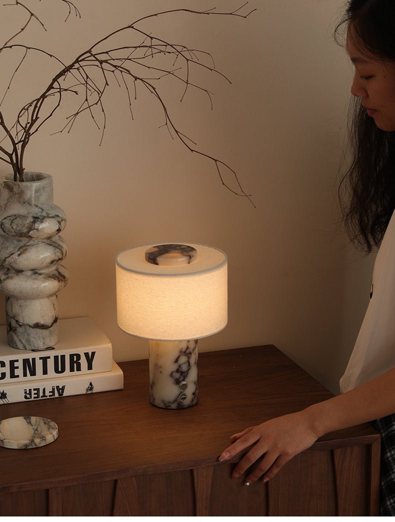 Marbella Stone Table Lamp with Linen Shade for Modern Interiors