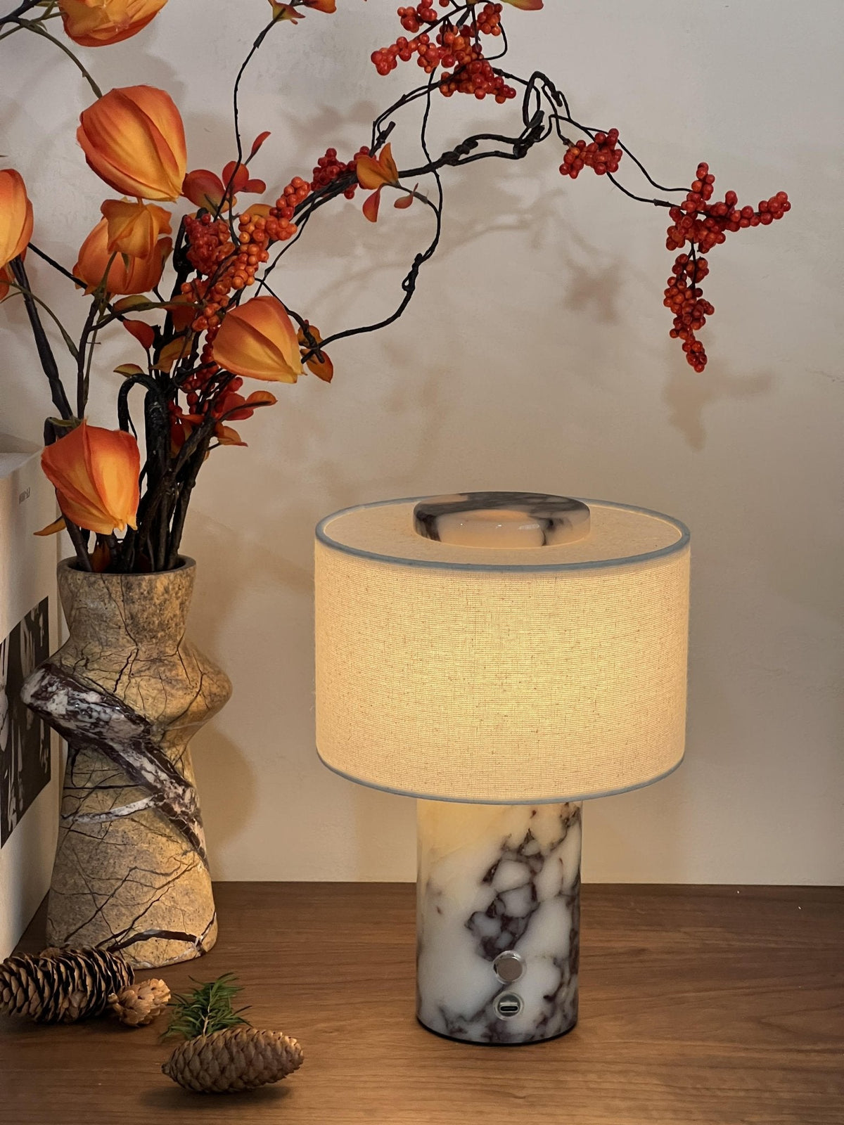 Marbella Stone Table Lamp with Linen Shade for Modern Interiors