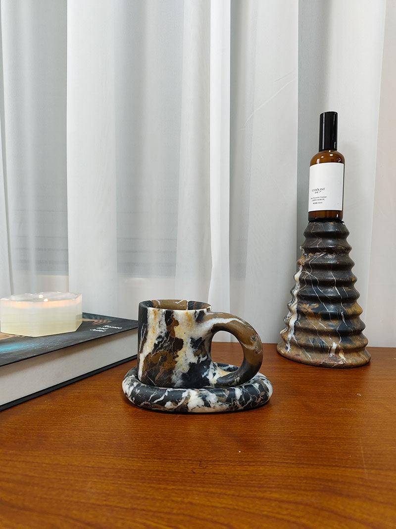 Sculptural Marble Storage Vessel with Loop Handle and Stone Tray