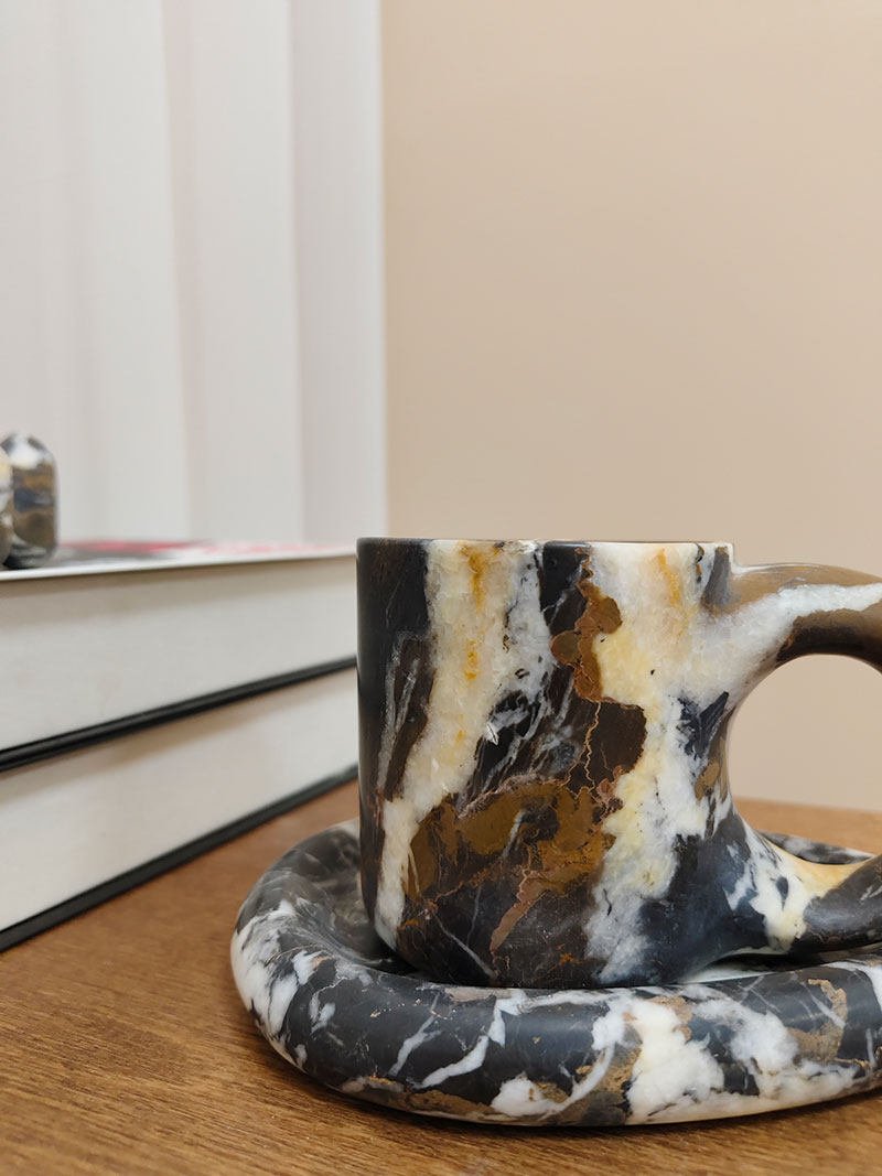 Sculptural Marble Storage Vessel with Loop Handle and Stone Tray