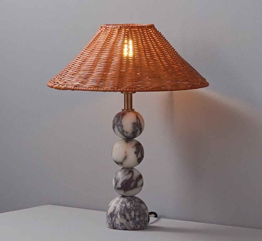 Marble Orb Rattan Table Lamp – Natural Stone & Woven Shade