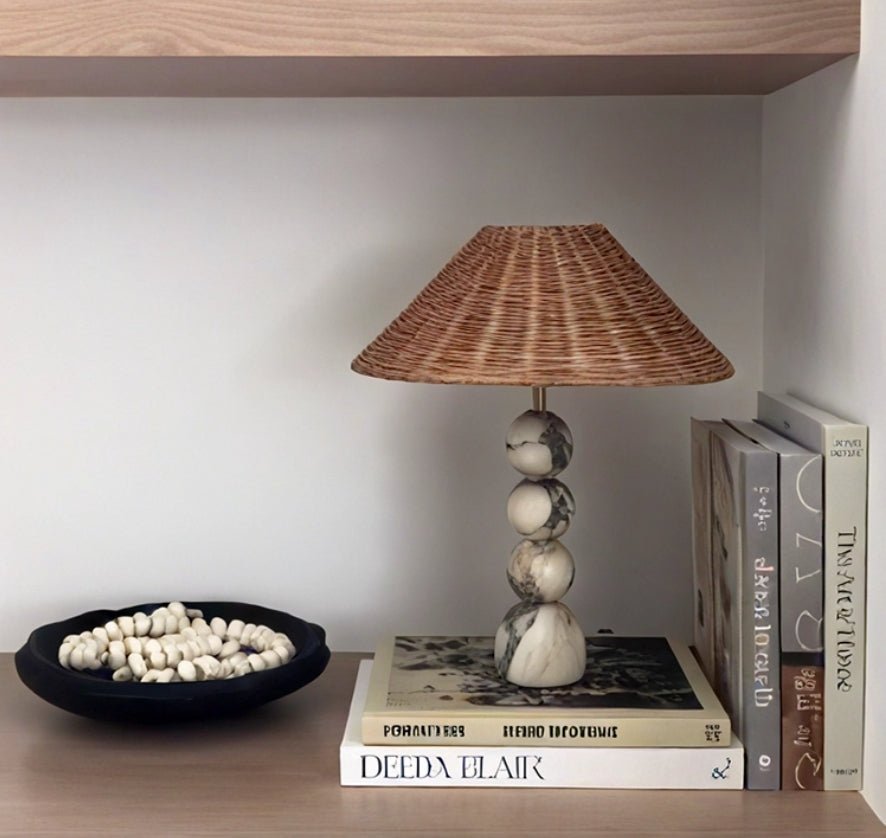 Marble Orb Rattan Table Lamp – Natural Stone & Woven Shade
