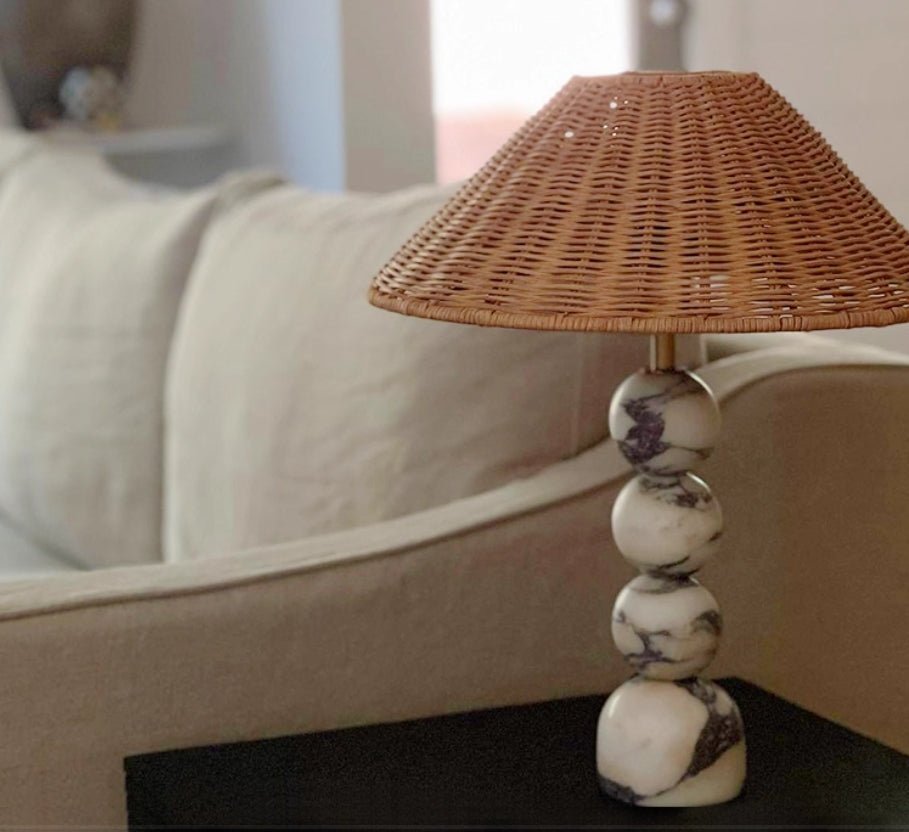 Marble Orb Rattan Table Lamp – Natural Stone & Woven Shade