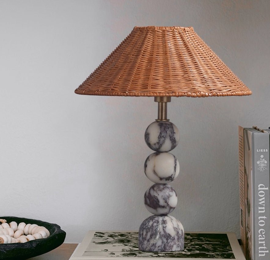Marble Orb Rattan Table Lamp – Natural Stone & Woven Shade