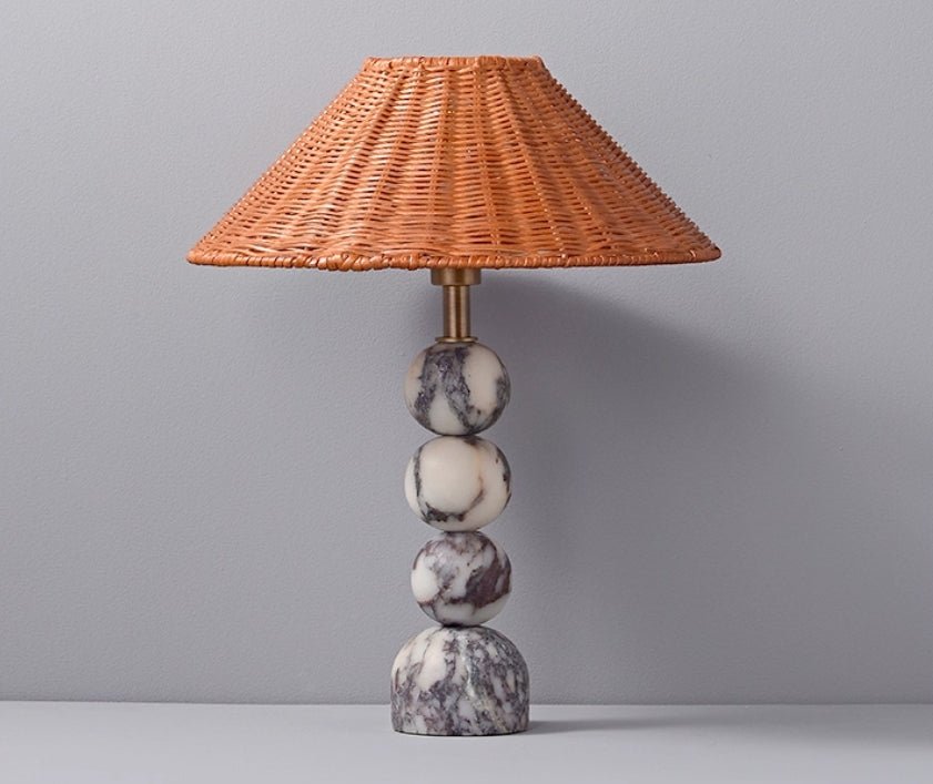 Marble Orb Rattan Table Lamp – Natural Stone & Woven Shade