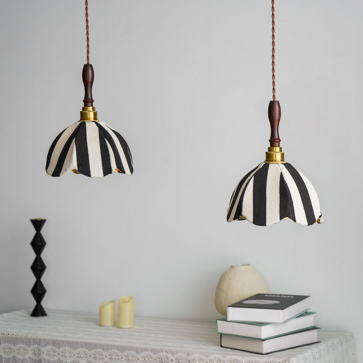 Marbre Stripe Pendant Light – Artisan Fabric Shade with Gold Accents