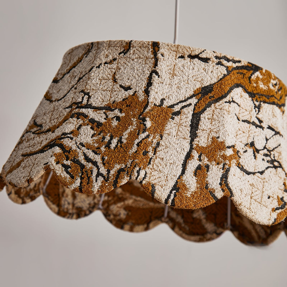 Marbre Scallop Pendant Light – Embroidered Fabric Shade, Brass Accents