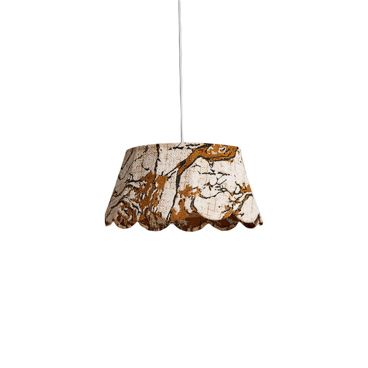 Marbre Scallop Pendant Light – Embroidered Fabric Shade, Brass Accents