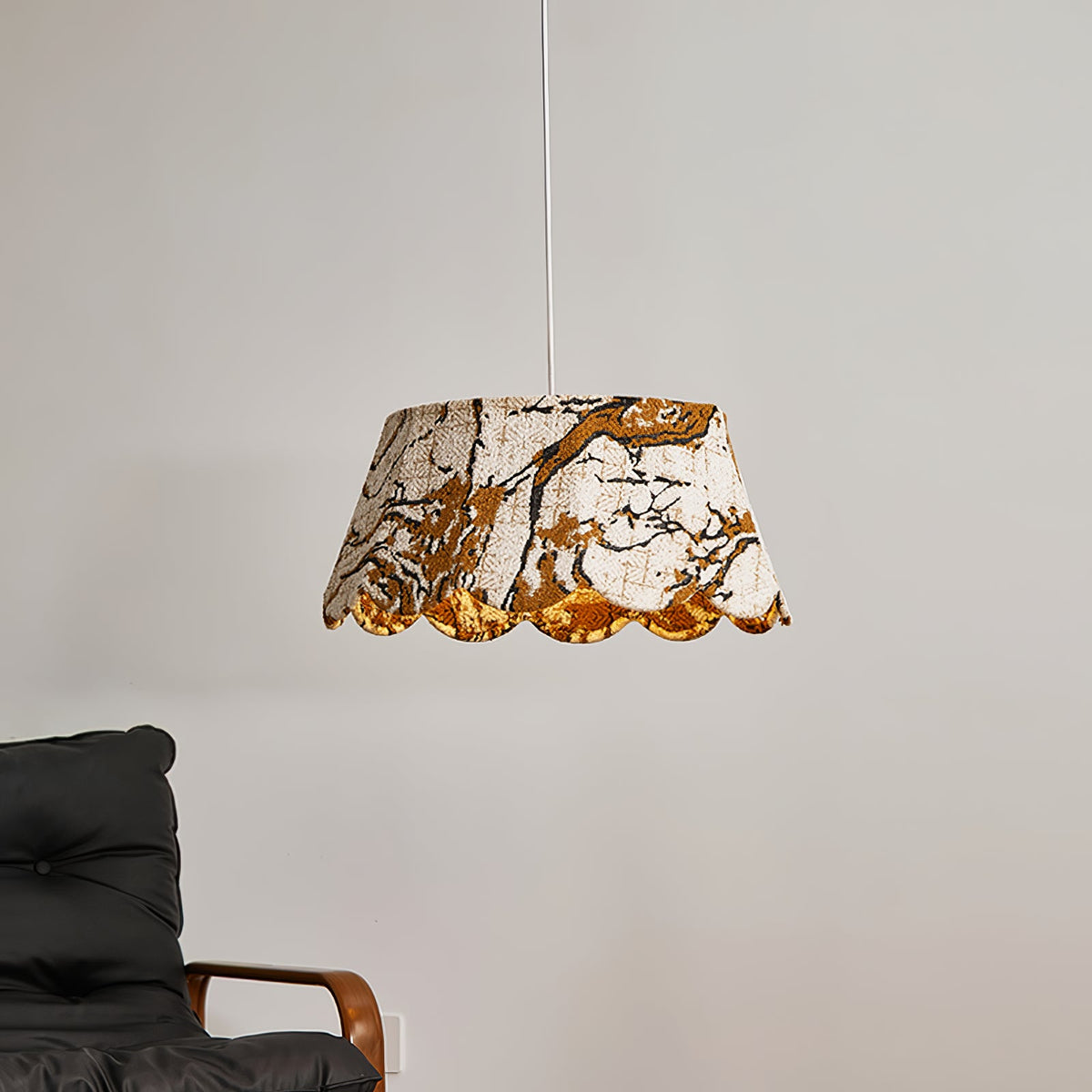 Marbre Scallop Pendant Light – Embroidered Fabric Shade, Brass Accents