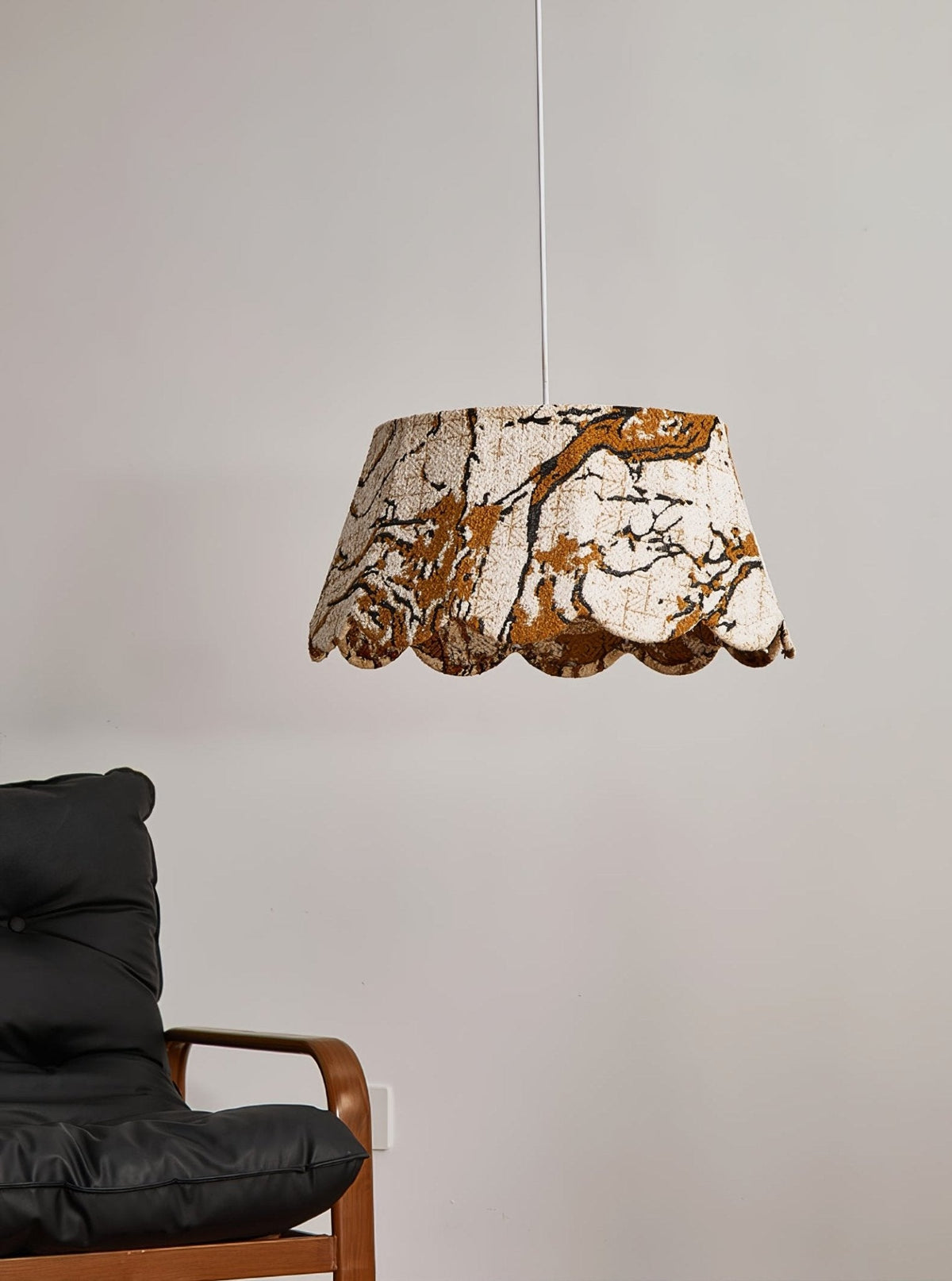 Marbre Scallop Pendant Light – Embroidered Fabric Shade, Brass Accents
