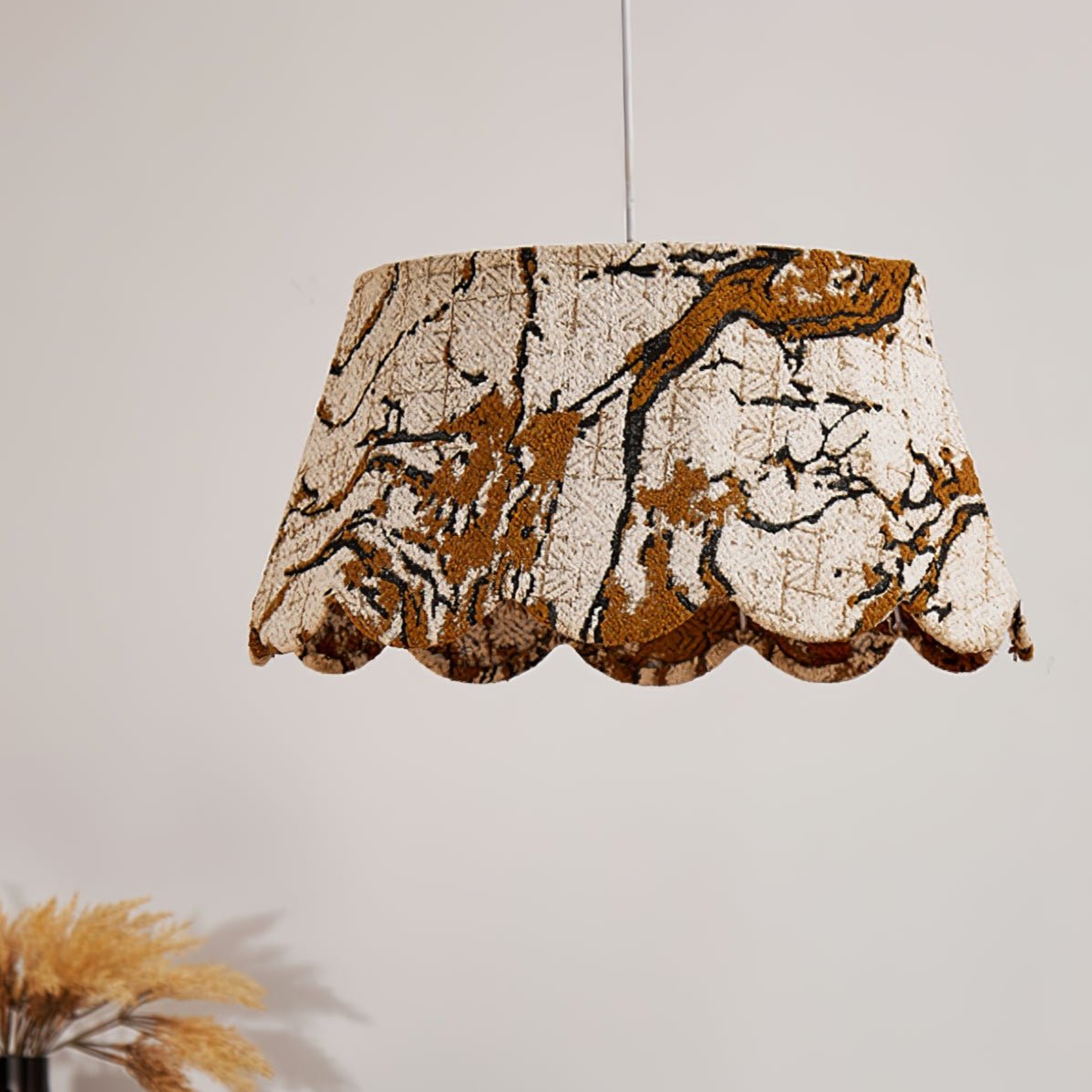 Marbre Scallop Pendant Light – Embroidered Fabric Shade, Brass Accents