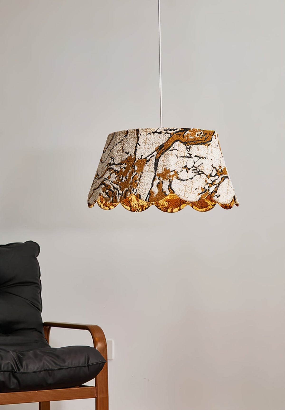 Marbre Scallop Pendant Light – Embroidered Fabric Shade, Brass Accents