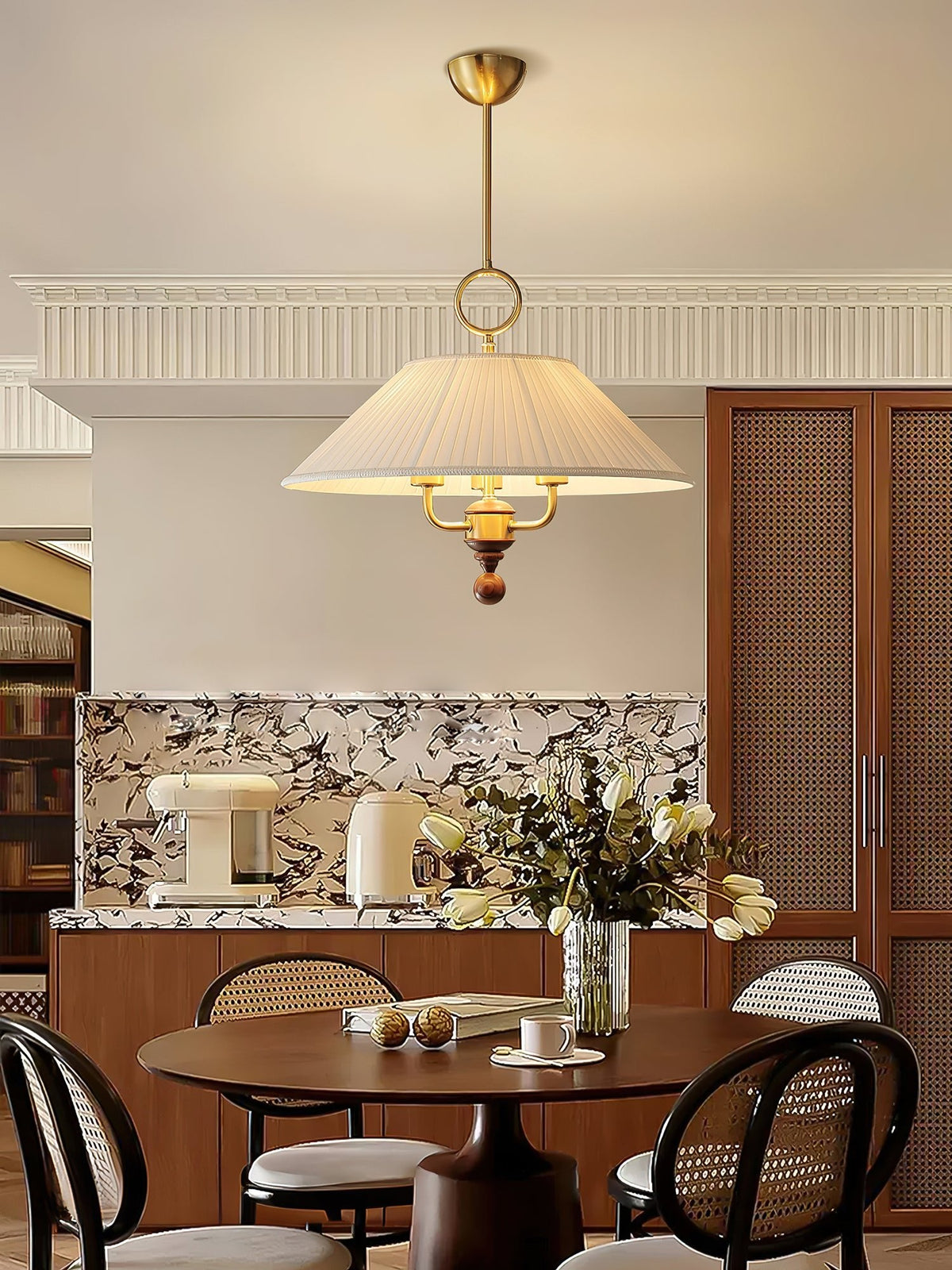 Marcellia Pleated Fabric Pendant Light with Wood Accent, Gold Finish