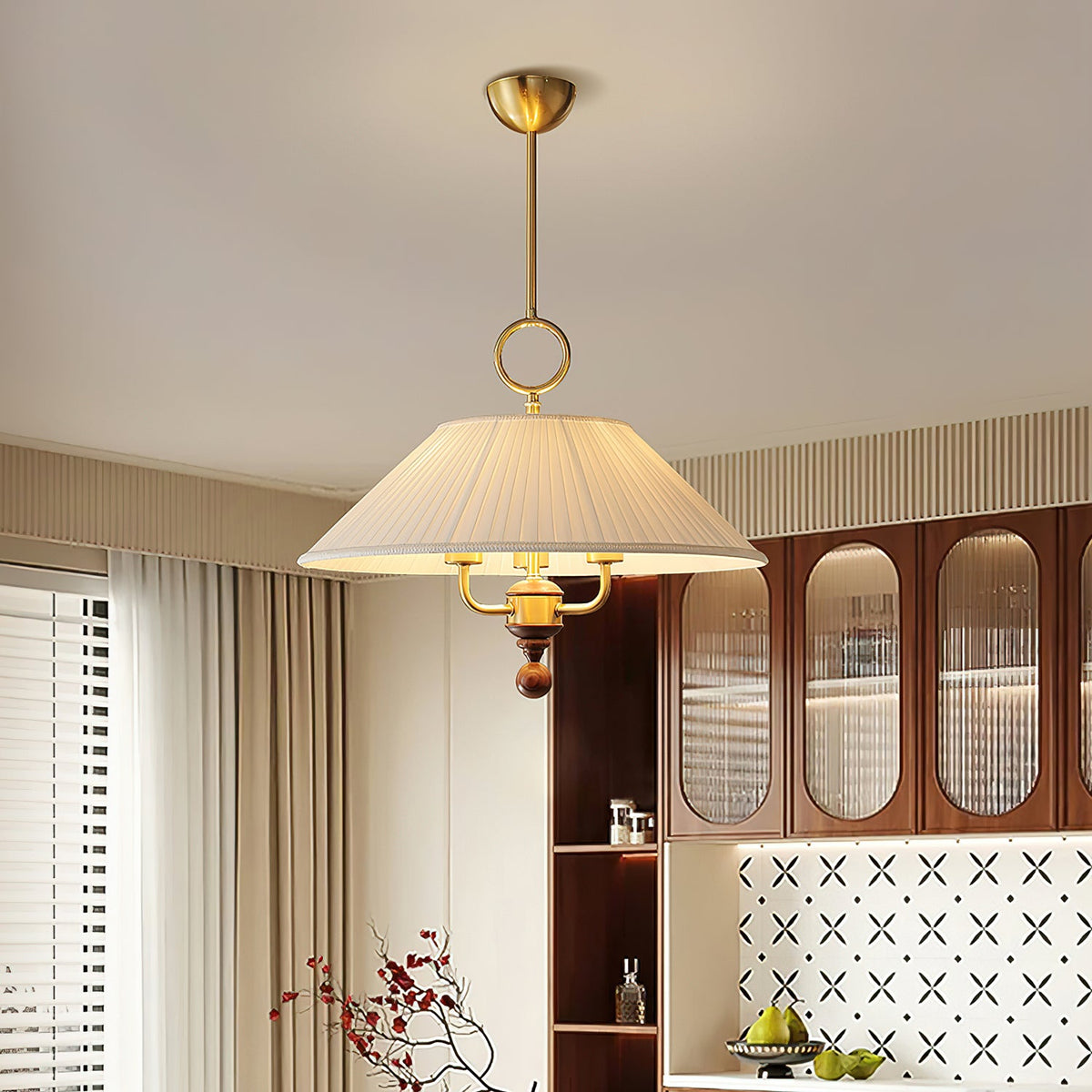 Marcellia Pleated Fabric Pendant Light with Wood Accent, Gold Finish