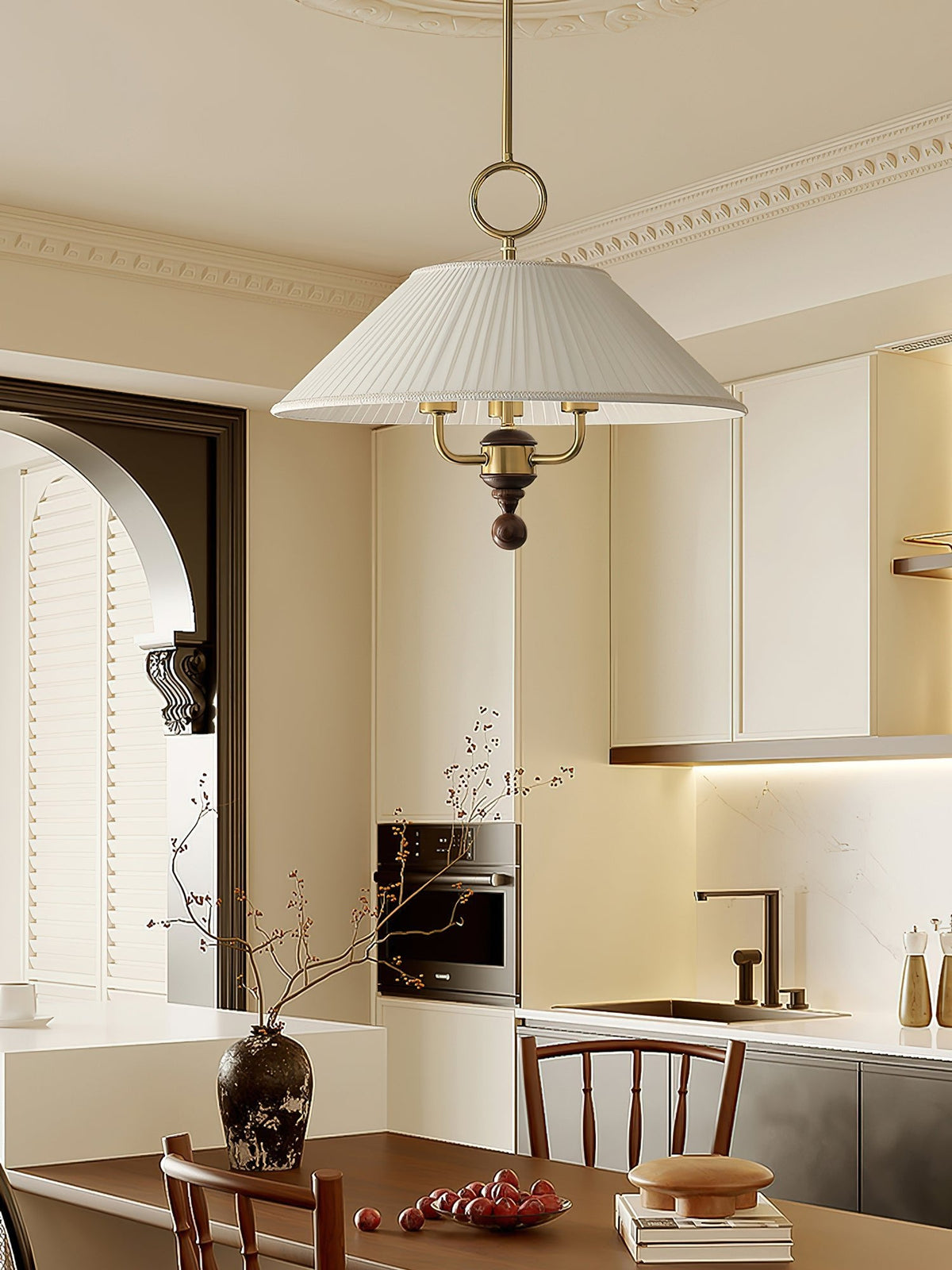 Marcellia Pleated Fabric Pendant Light with Wood Accent, Gold Finish