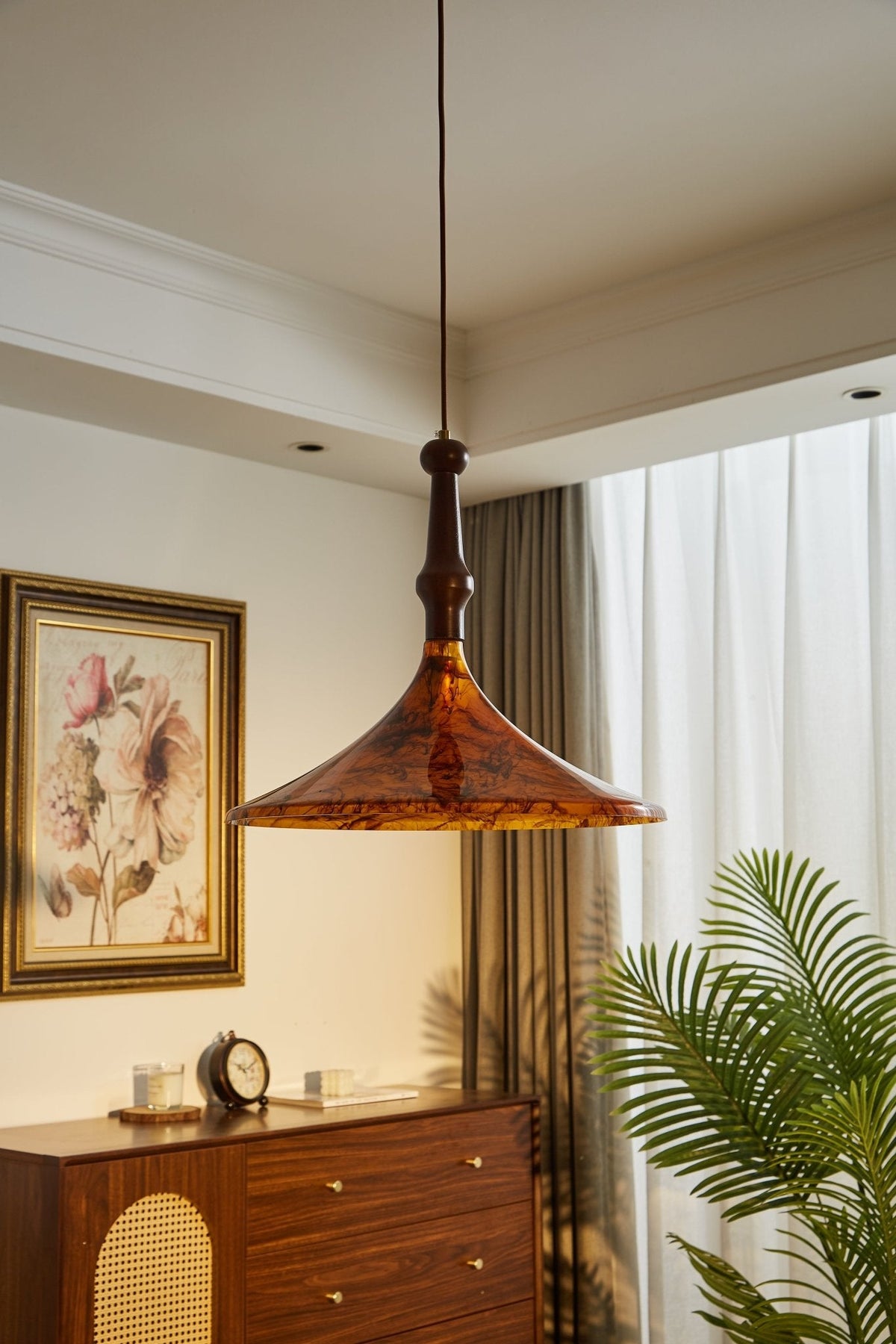 Marcona Wood & Amber Glass Pendant Light for Dining and Living Spaces